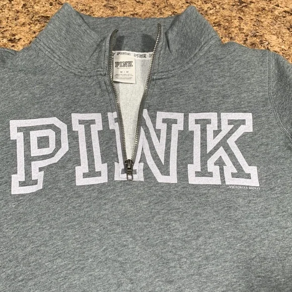 EUC VICTORIA SECRET PINK PULLOVER SWEATSHIRT 1/4 ZIP MEDIUM GRAY - Picture 2 of 3